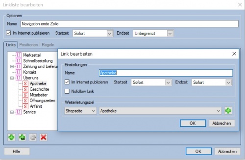 Bearbeitung bestehender Linkliste der Navigationsebene 1