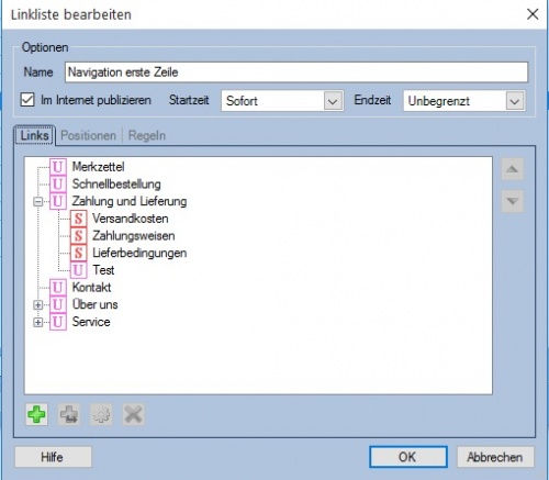 Pflege Linkliste der Navigationsebene 1