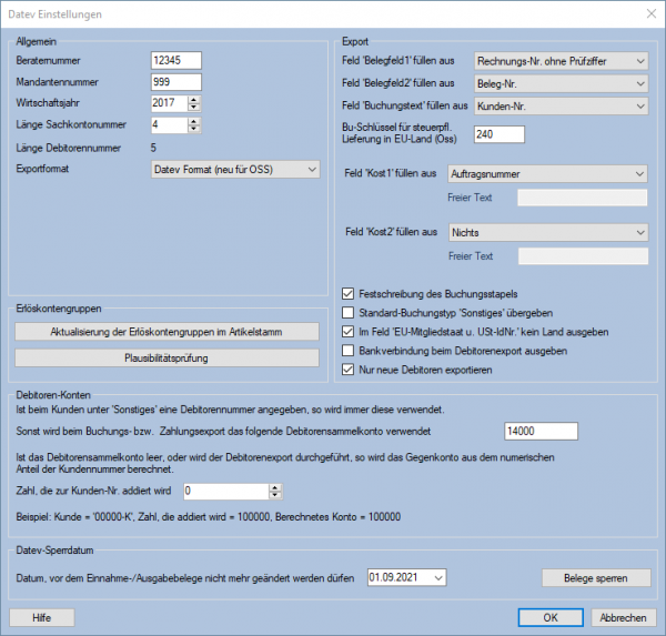 Mauve System3 Datev-Schnittelle Einstellungen